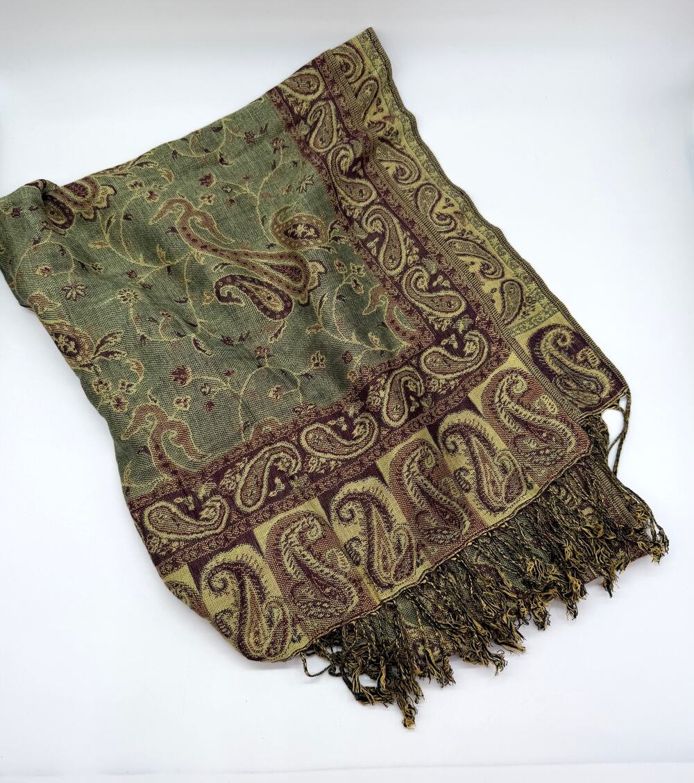 Paisley Pashmina Shawl Wrap Scarf Green Burgundy Fringe Jacquard Boho Soft